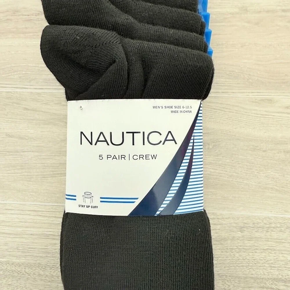 Nautica Mens 5 Pair Crew Socks Black Stay Up Cuff Shoe Size 6-12.5 NAM201DR01001